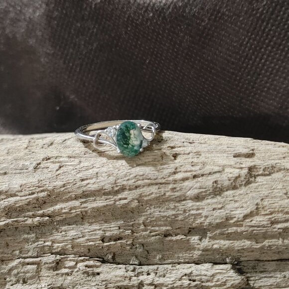 Moss Agate Ring Quartz Sterling Silver 925 Size 8 Oval Green Nature Earth Stamp - Picture 15 of 16